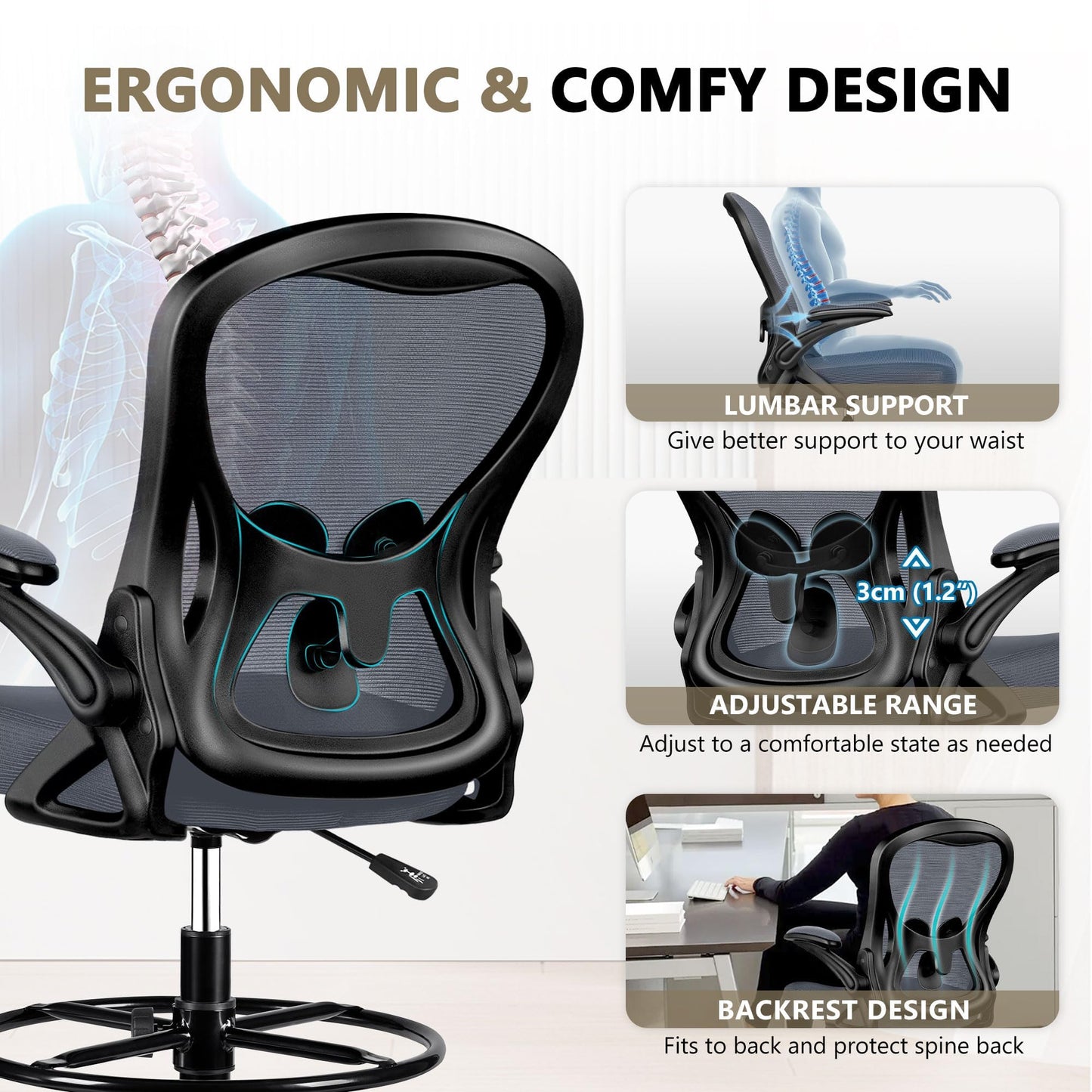 Winrise Office Chair Desk Chair, Ergonomic Mesh Computer Chair Home Office Desk Chairs, Swivel Task Chair Mid Back Breathable Rolling Chair with Adjustable Lumbar Support Flip Up Armrest (White)