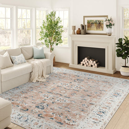 JINCHAN Rug 182x274CM Washable Carpet Boho Living Room Rug Pink Floral Print Large Rug Indoor Soft Distressed Foldable Carpet Thin Rug Bedroom Dining Room Office