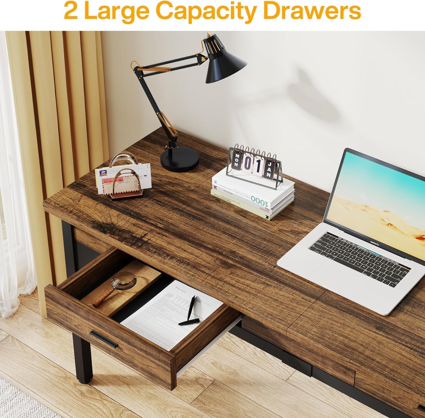 Tribesigns 200cm Computer Desk, 2 Person Computer Desk with Drawers, Large Executive Office Desk, Writing Table Working Desk for Home Office, Rustic Brown