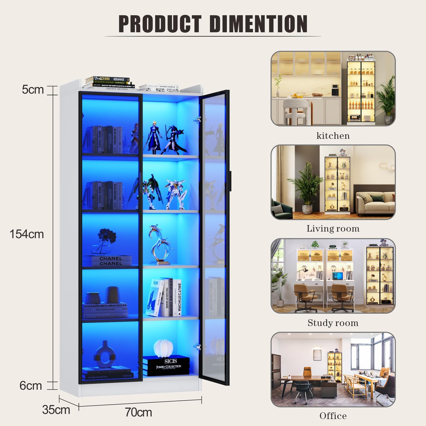 Dystler Bookcase with 2 Doors & Adjustable Shelves, Tall Storage Cabinet with LED Light/Body Sensor, 5 Tier Display Cabinet for Bedroom Living Room Office, White