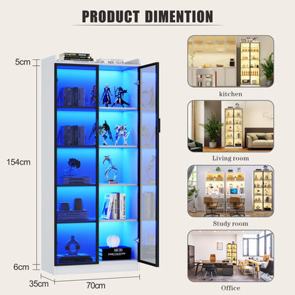 Dystler Bookcase with 2 Doors & Adjustable Shelves, Tall Storage Cabinet with LED Light/Body Sensor, 5 Tier Display Cabinet for Bedroom Living Room Office, White