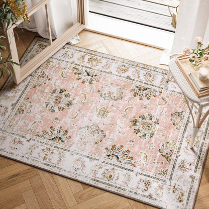 JINCHAN Rug 182x274CM Washable Carpet Boho Living Room Rug Pink Floral Print Large Rug Indoor Soft Distressed Foldable Carpet Thin Rug Bedroom Dining Room Office