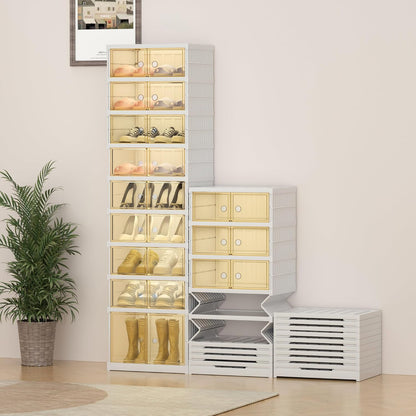 Foldable Shoe Rack Organizer for Closet, 6-Tier 12Pairs Folding Shoe Box Storage Cabinet with Clear Door, Plastic Collapsible Shoe Shelf with Lids Easy Assembly for Entryway, Front Door, Living Room