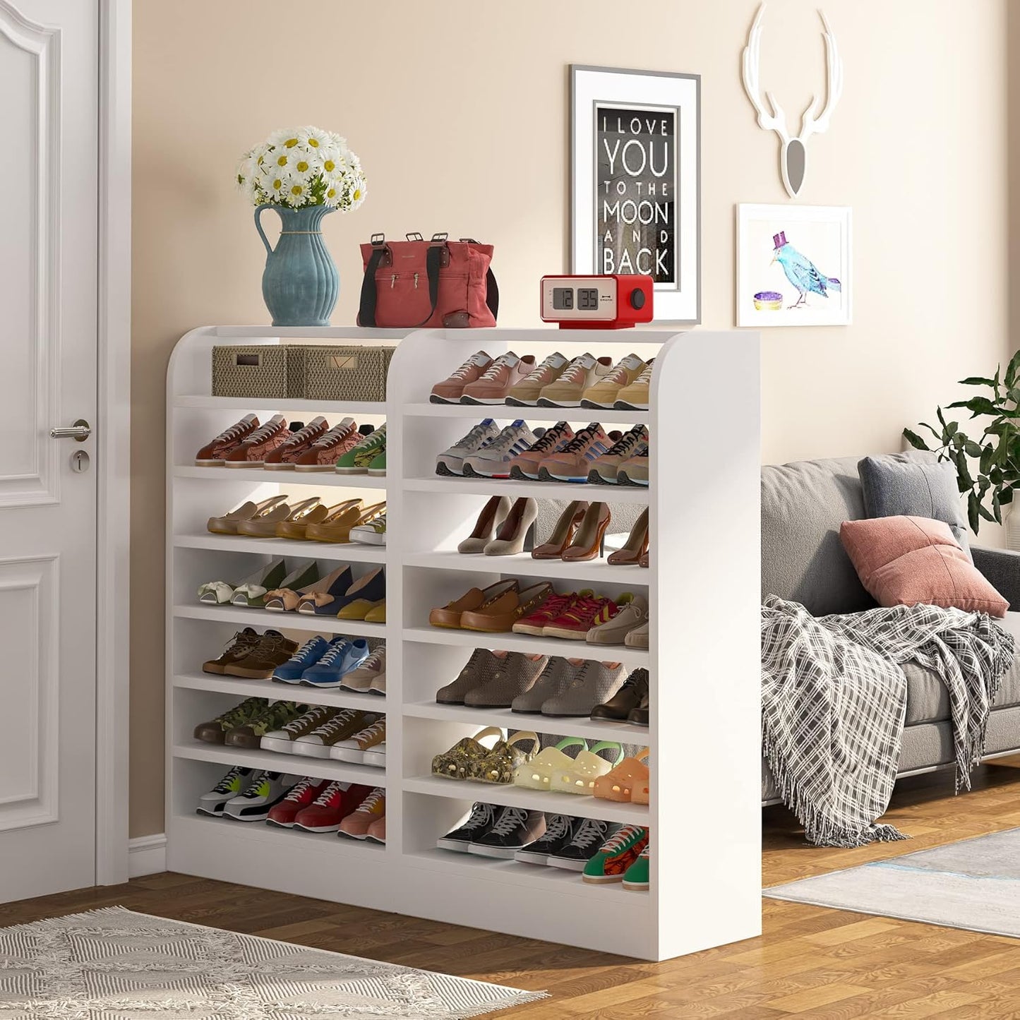 Tribesigns Shoe Cabinet for Entryway, 8-Tier Wooden Shoe Storage Cabinet, 120 cm Freestanding Shoes Storage Organizer, Wooden Shoe Rack Cabinet with Open Storage, Hallway, Living Room, White