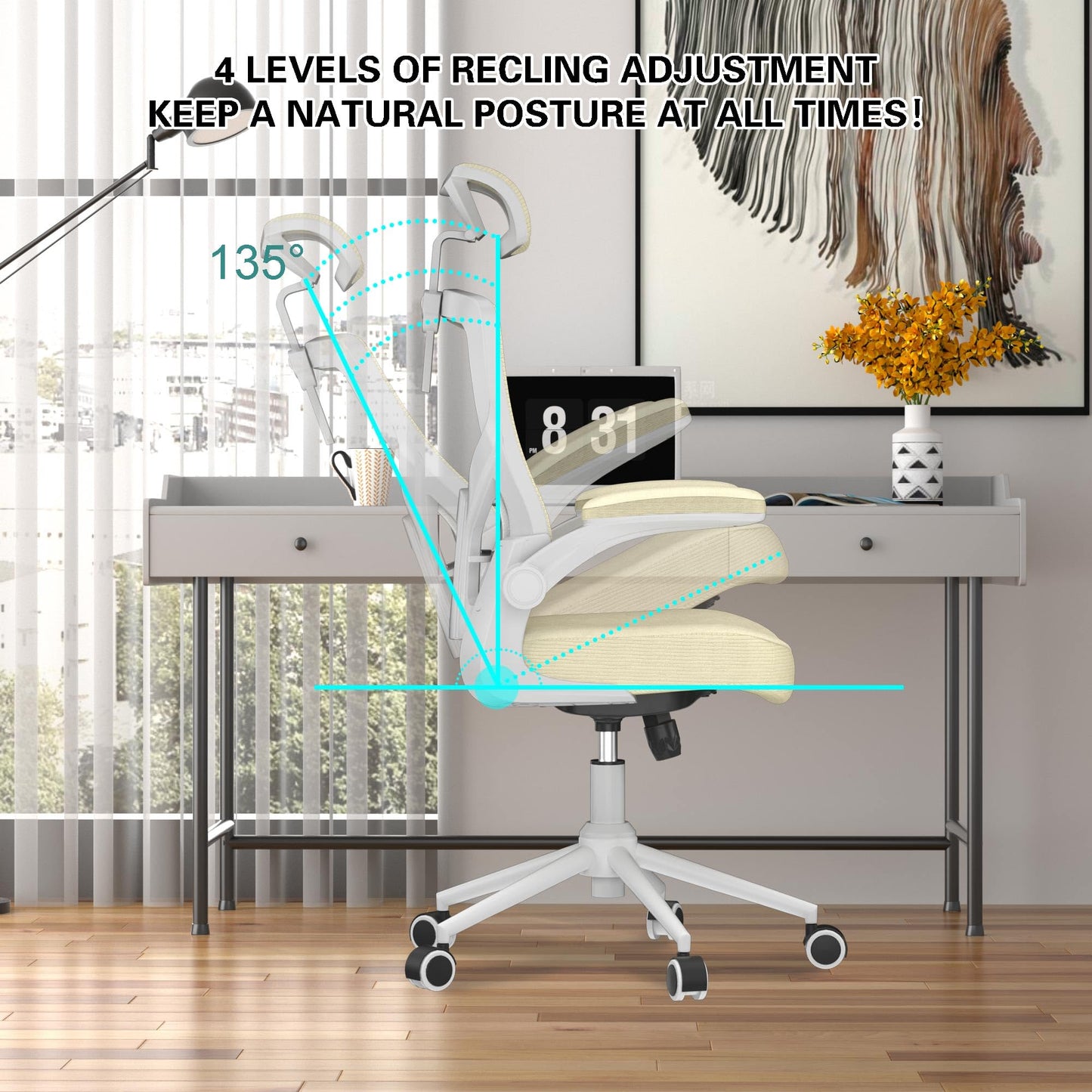 𝑯𝑶𝑴𝑬 𝑶𝑭𝑭𝑰𝑪𝑬 𝑪𝑯𝑨𝑰𝑹, Ergonomic Mesh Desk Chair, High Back Computer Chair- Adjustable Headrest with Flip-Up Arms, Lumbar Support, Swivel Executive Task Chair (Modern, White)