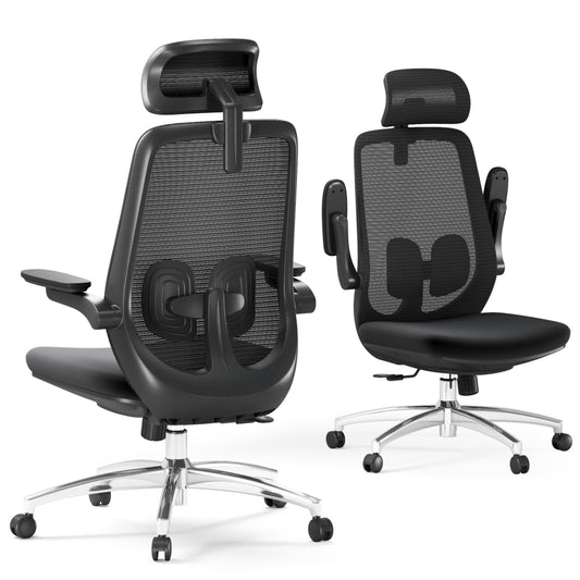 LarkLeaves Ergonomic Office Chair with Flip-Up Arms, Office Chair with Adjustable Lumbar Support and Headrest, Gaming Chair with Thick Cushion, Computer Chair for Home Office, Mesh Back Study Chair