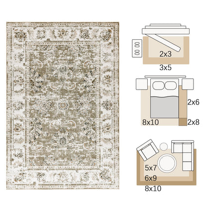 JINCHAN Rug 182x274CM Washable Carpet Boho Living Room Rug Pink Floral Print Large Rug Indoor Soft Distressed Foldable Carpet Thin Rug Bedroom Dining Room Office