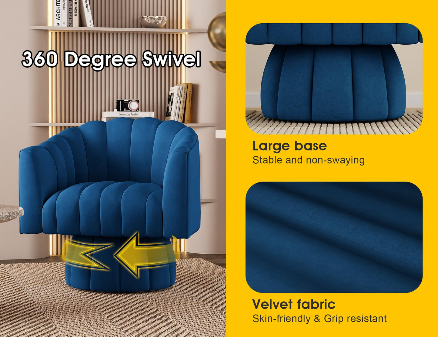 SEYNAR Mid Century 360 Degree Swivel Cuddle Barrel Accent Sofa Chairs, Round Armchairs with Wide Upholstered, Fluffy Velvet Fabric Chair for Living Room, Bedroom, Office, Waiting Rooms, (Navy)