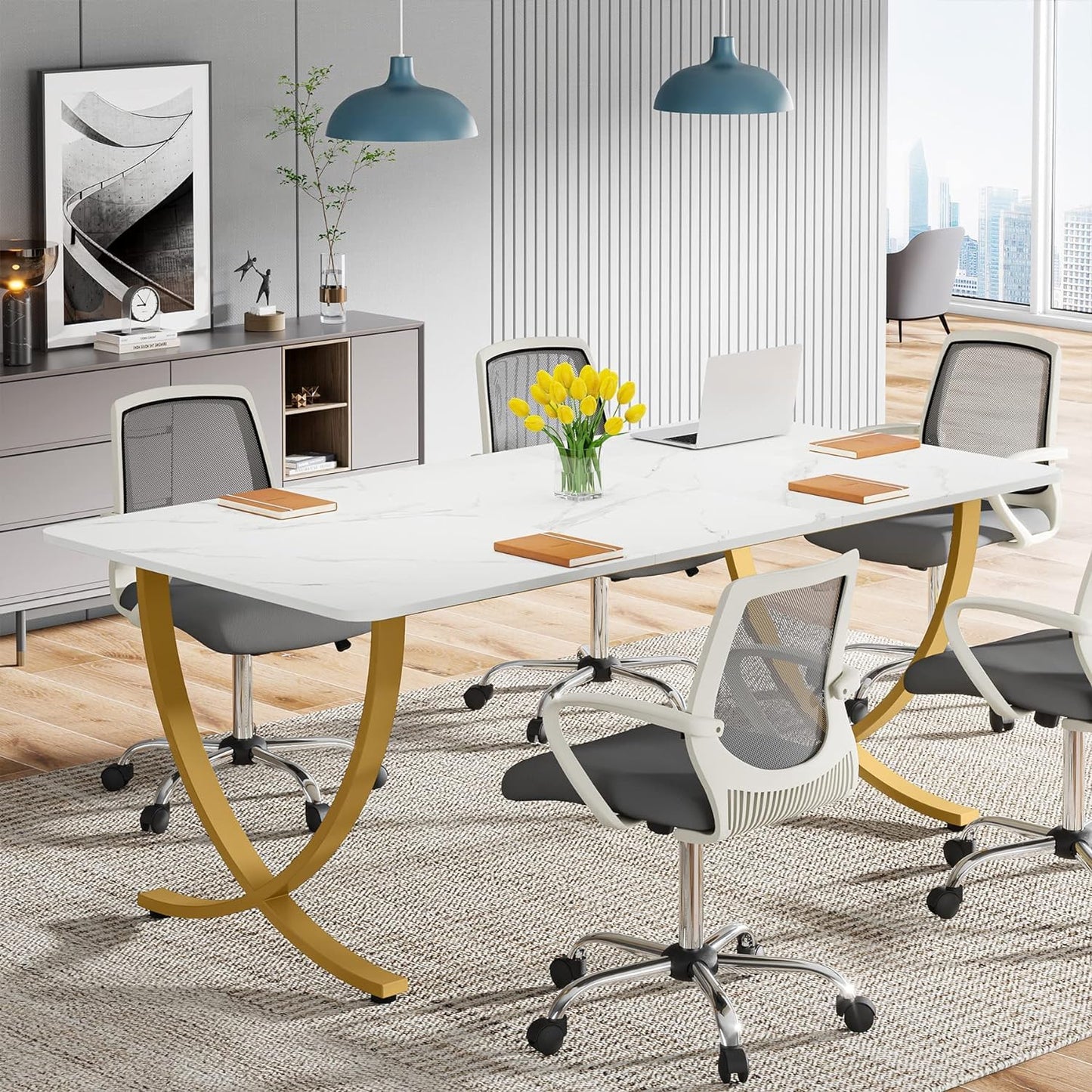 Tribesigns Executive Desk, 160 W x 80 D cm Computer Desk, Modern Home Office Desk Conference Table Meeting Room Table, Business Furniture for Home Office, White and Gold