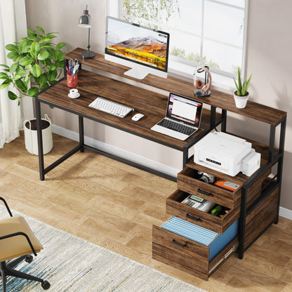 Tribesigns Office Desk with Drawers, 160cm Computer Desk with Monitor Stand, Rustic Work Desk with Printer Space, Wood Home Office Desk with File Drawer Cabinet, Rustic Brown