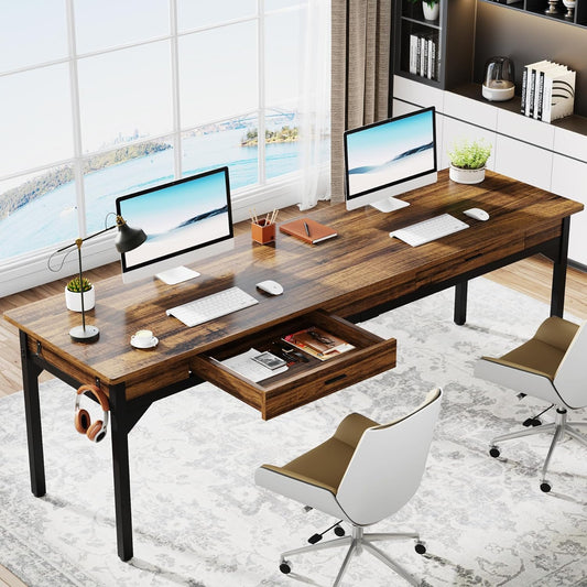 Tribesigns 200cm Computer Desk, 2 Person Computer Desk with Drawers, Large Executive Office Desk, Writing Table Working Desk for Home Office, Rustic Brown