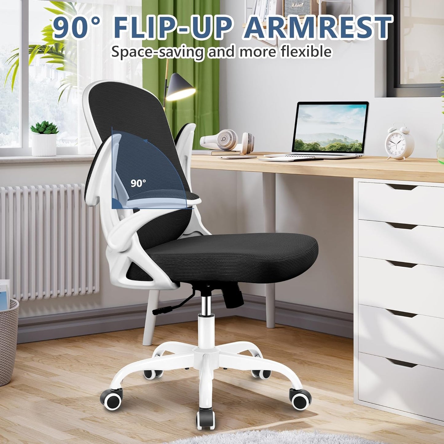 Winrise Office Chair Desk Chair, Ergonomic Mesh Computer Chair Home Office Desk Chairs, Swivel Task Chair Mid Back Breathable Rolling Chair with Adjustable Lumbar Support Flip Up Armrest (White)