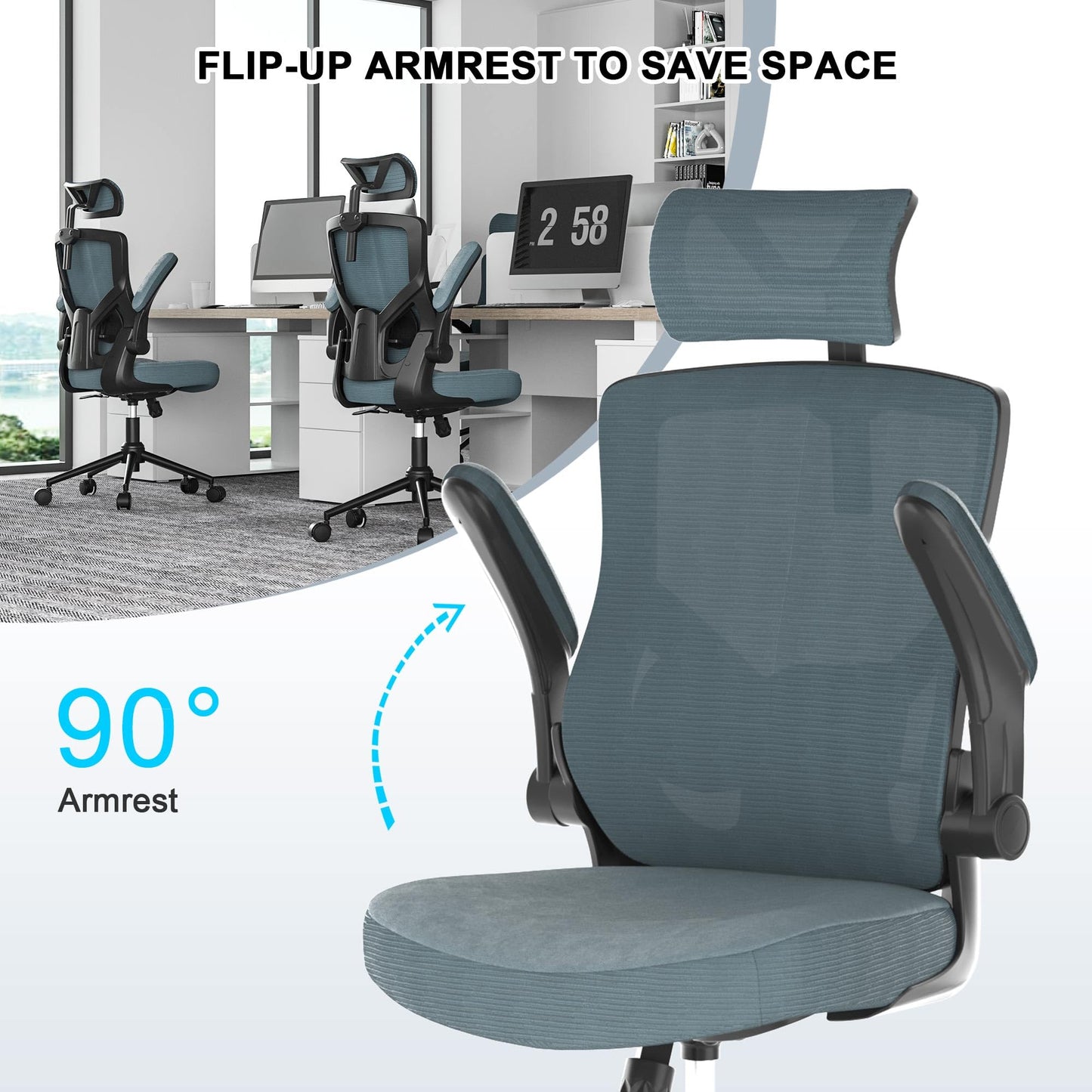 𝑯𝑶𝑴𝑬 𝑶𝑭𝑭𝑰𝑪𝑬 𝑪𝑯𝑨𝑰𝑹, Ergonomic Mesh Desk Chair, High Back Computer Chair- Adjustable Headrest with Flip-Up Arms, Lumbar Support, Swivel Executive Task Chair (Modern, White)