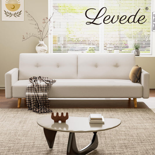 Levede Sofa Bed, 3-Seater Cotton and Linen Fabric, Multi-Functional Sleeper Chair Bed, Convertible Lounge, Couch Bed Set with 3 Levels Reversible Chaise, Adjustable Backres for Living Room,Beige