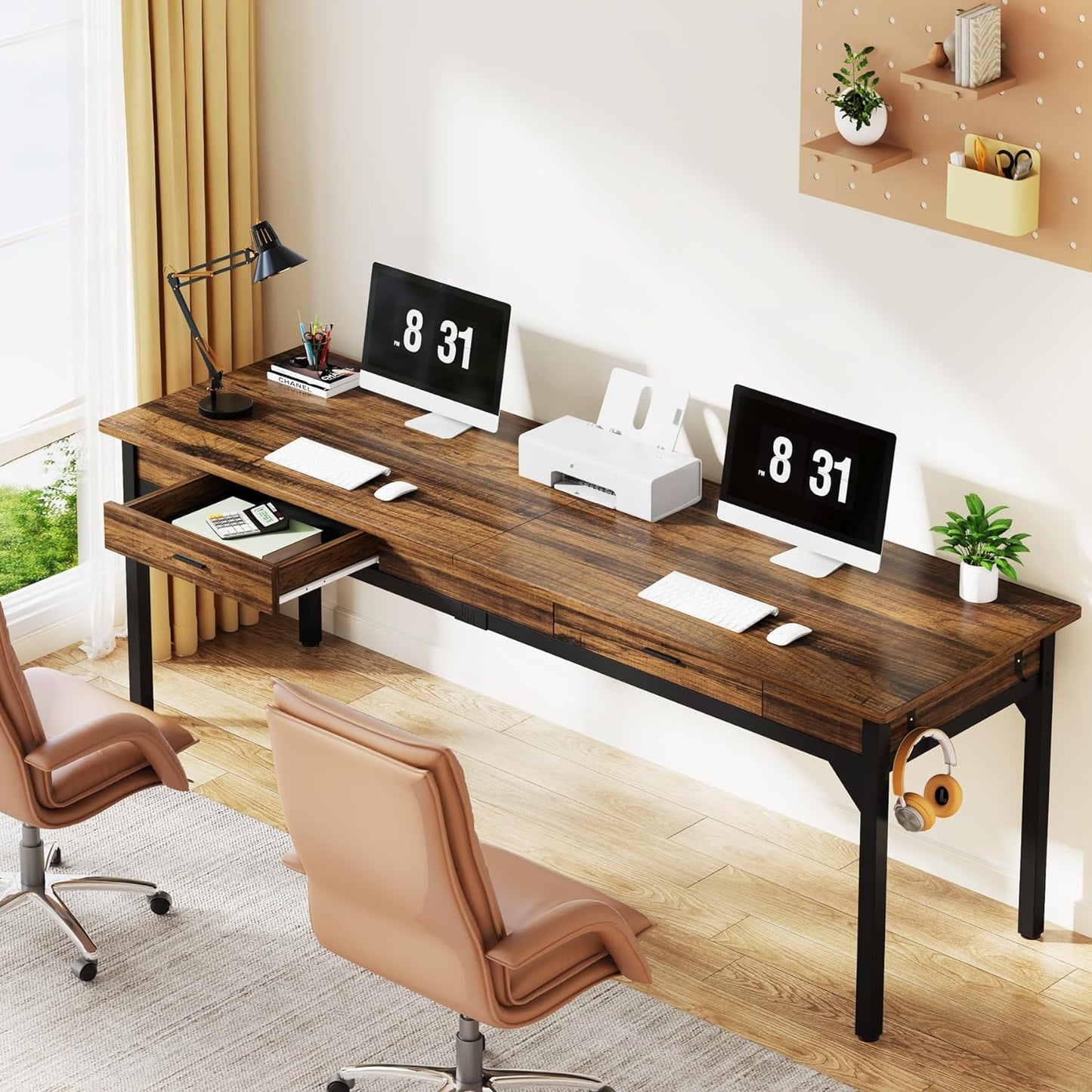 Tribesigns 200cm Computer Desk, 2 Person Computer Desk with Drawers, Large Executive Office Desk, Writing Table Working Desk for Home Office, Rustic Brown