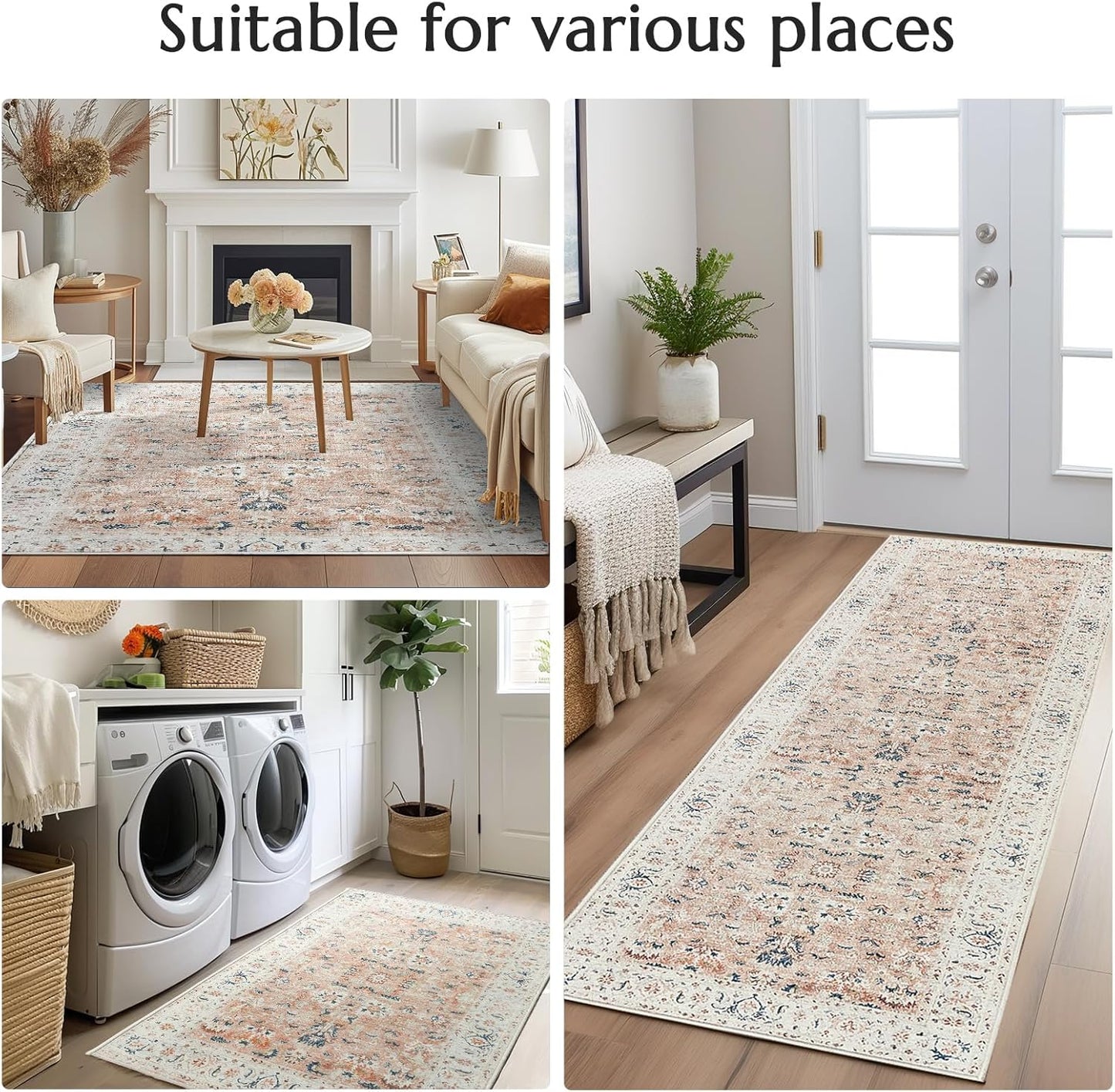 JINCHAN Rug 182x274CM Washable Carpet Boho Living Room Rug Pink Floral Print Large Rug Indoor Soft Distressed Foldable Carpet Thin Rug Bedroom Dining Room Office