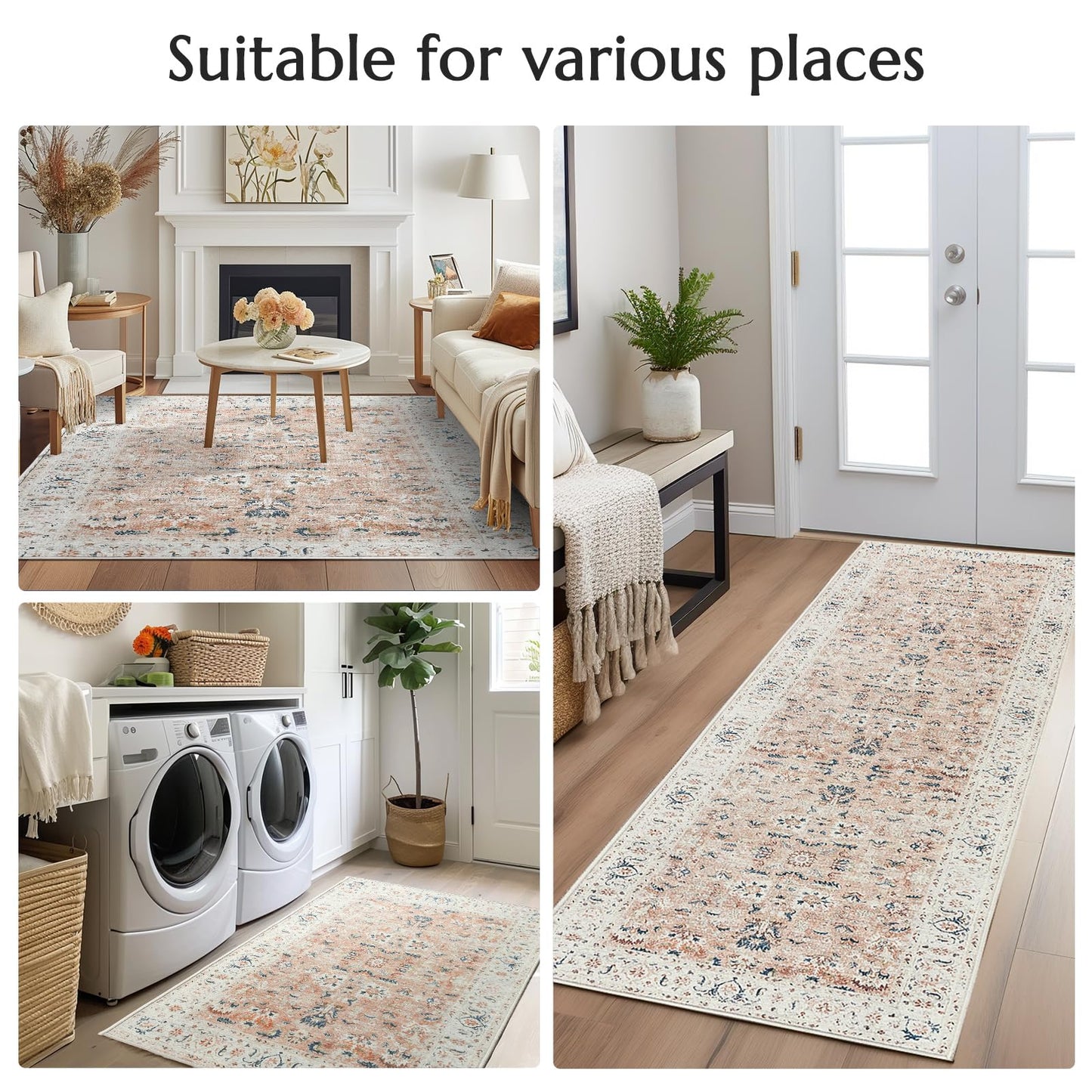 JINCHAN Rug 182x274CM Washable Carpet Boho Living Room Rug Pink Floral Print Large Rug Indoor Soft Distressed Foldable Carpet Thin Rug Bedroom Dining Room Office