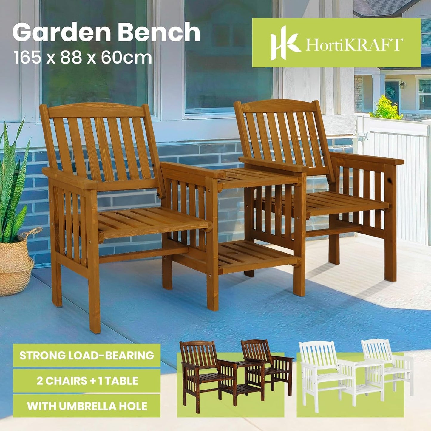 HortiKRAFT Wooden Outdoor Loveseats and Table Set - Fir Wood Twin Seats and Integrated Table Patio Conversation Set with 2-Seater Armchairs and Coffee Table Durable Garden Bench Furniture - White