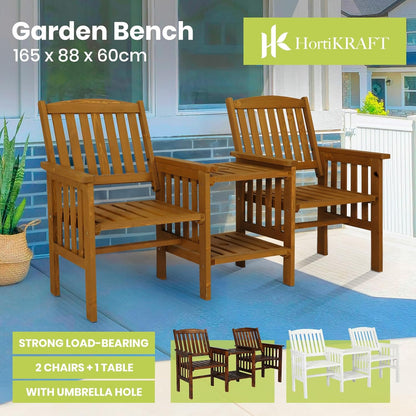 HortiKRAFT Wooden Outdoor Loveseats and Table Set - Fir Wood Twin Seats and Integrated Table Patio Conversation Set with 2-Seater Armchairs and Coffee Table Durable Garden Bench Furniture - White