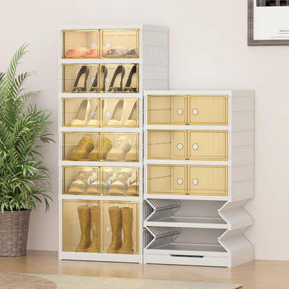 Foldable Shoe Rack Organizer for Closet, 6-Tier 12Pairs Folding Shoe Box Storage Cabinet with Clear Door, Plastic Collapsible Shoe Shelf with Lids Easy Assembly for Entryway, Front Door, Living Room