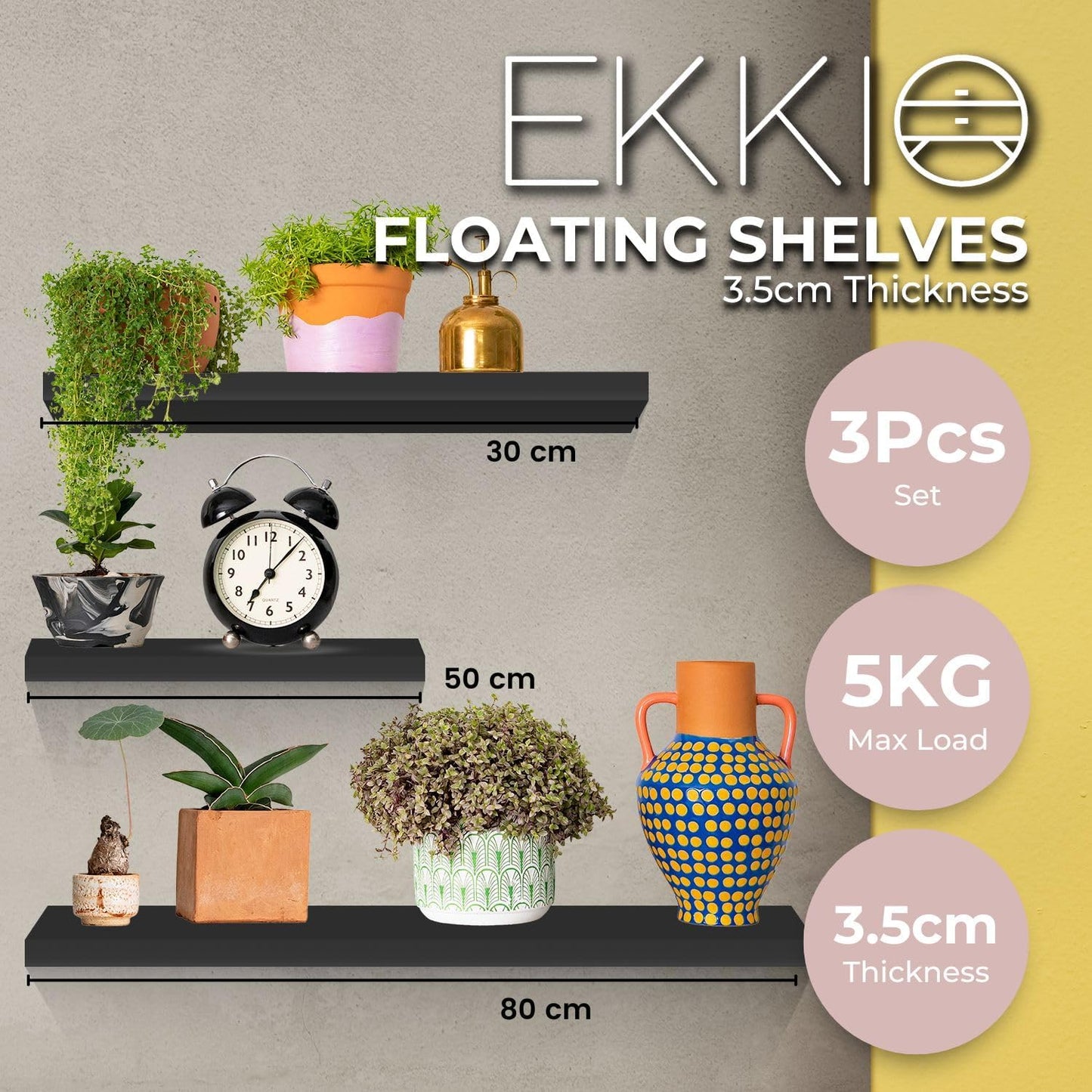 Ekkio Floating Shelf Set of 3, MDF, Space-Saving Design, Easy Installation, Perfect for Books, Photos, and CDs, Wall Mounted Shelf