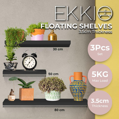 Ekkio Floating Shelf Set of 3, MDF, Space-Saving Design, Easy Installation, Perfect for Books, Photos, and CDs, Wall Mounted Shelf