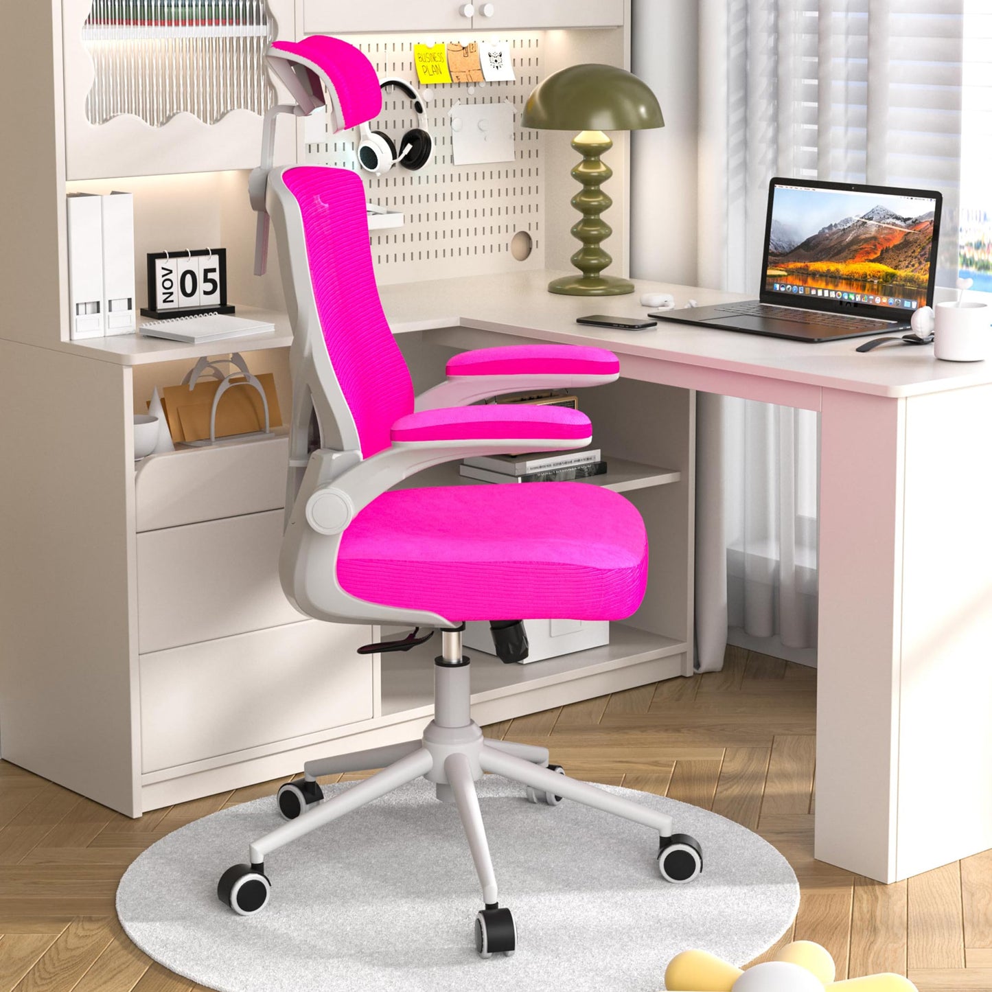 𝑯𝑶𝑴𝑬 𝑶𝑭𝑭𝑰𝑪𝑬 𝑪𝑯𝑨𝑰𝑹, Ergonomic Mesh Desk Chair, High Back Computer Chair- Adjustable Headrest with Flip-Up Arms, Lumbar Support, Swivel Executive Task Chair (Modern, White)