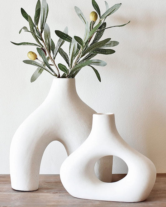 Carrot's Den Donut Vase, Set of 2 - Minimalist Nordic, White Ceramic Hollow Donut Vase Decor | Table Centerpiece, Olive Plant, Wedding, Living Room, Bookshelf, Office, Modern Home, Entryway, Console