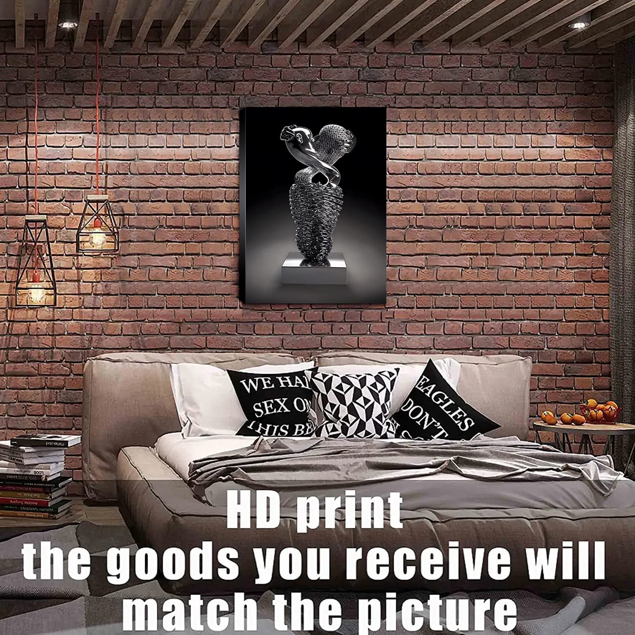 HONEYBABY Bedroom Wall Decor,Framed Romantic Couple Living Room Canvas wall art,Love Heart 3D Metal Sculpture Effect