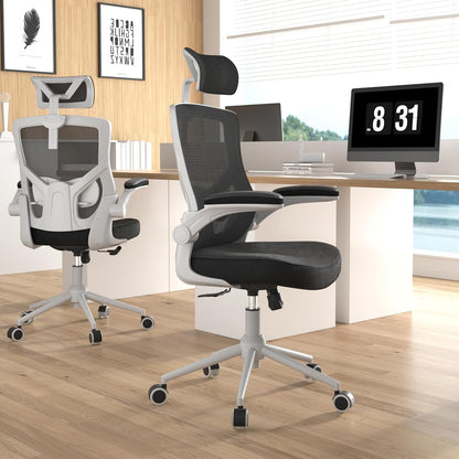 𝑯𝑶𝑴𝑬 𝑶𝑭𝑭𝑰𝑪𝑬 𝑪𝑯𝑨𝑰𝑹, Ergonomic Mesh Desk Chair, High Back Computer Chair- Adjustable Headrest with Flip-Up Arms, Lumbar Support, Swivel Executive Task Chair (Modern, White)