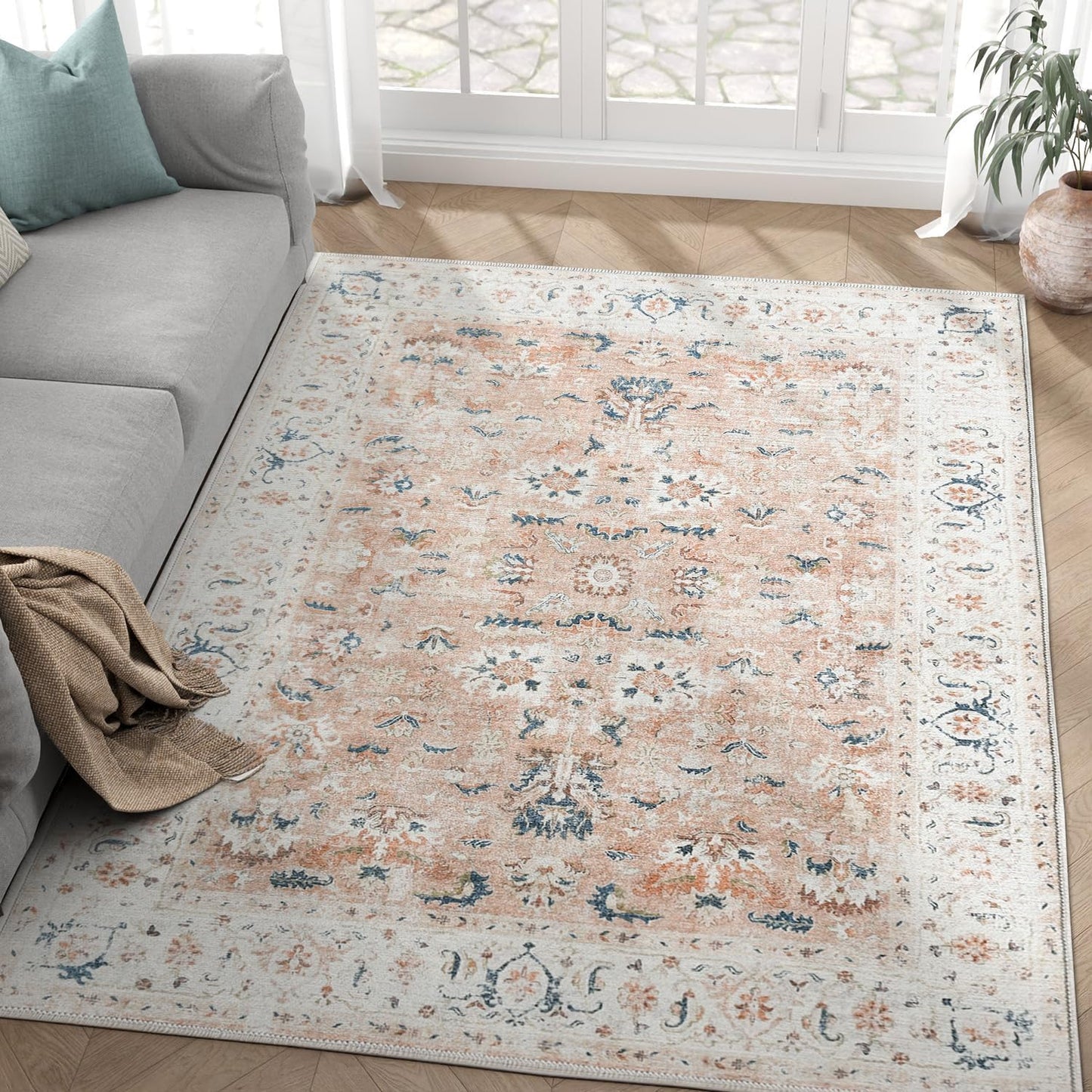 JINCHAN Rug 182x274CM Washable Carpet Boho Living Room Rug Pink Floral Print Large Rug Indoor Soft Distressed Foldable Carpet Thin Rug Bedroom Dining Room Office