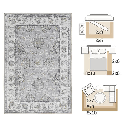 JINCHAN Rug 182x274CM Washable Carpet Boho Living Room Rug Pink Floral Print Large Rug Indoor Soft Distressed Foldable Carpet Thin Rug Bedroom Dining Room Office