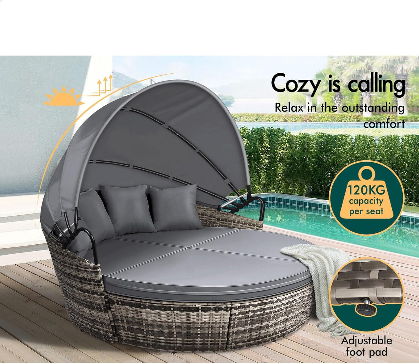 ALFORDSON Sun Bed Sofa 3PCs with Adjustable Canopy, Wicker Outdoor Tanning Lounger with Fabric Seat Cushions & Pillows, Steel Frame Lounge Chair Furniture for Garden Pool Patio Backyard, Black Grey