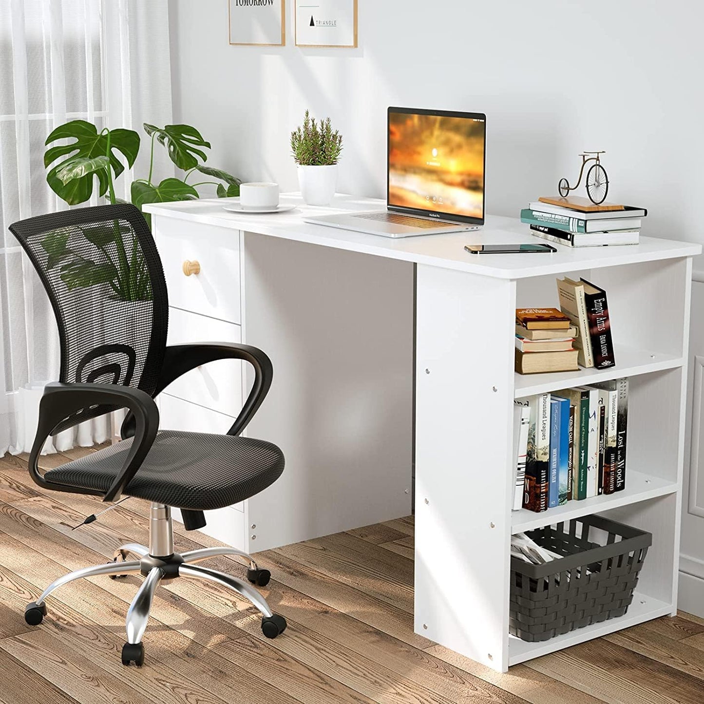 Advwin L-Shaped Computer Desk with Storage Shelf Wooden Workstation Writing Table Modern Office Desks for Study Work from Home, White