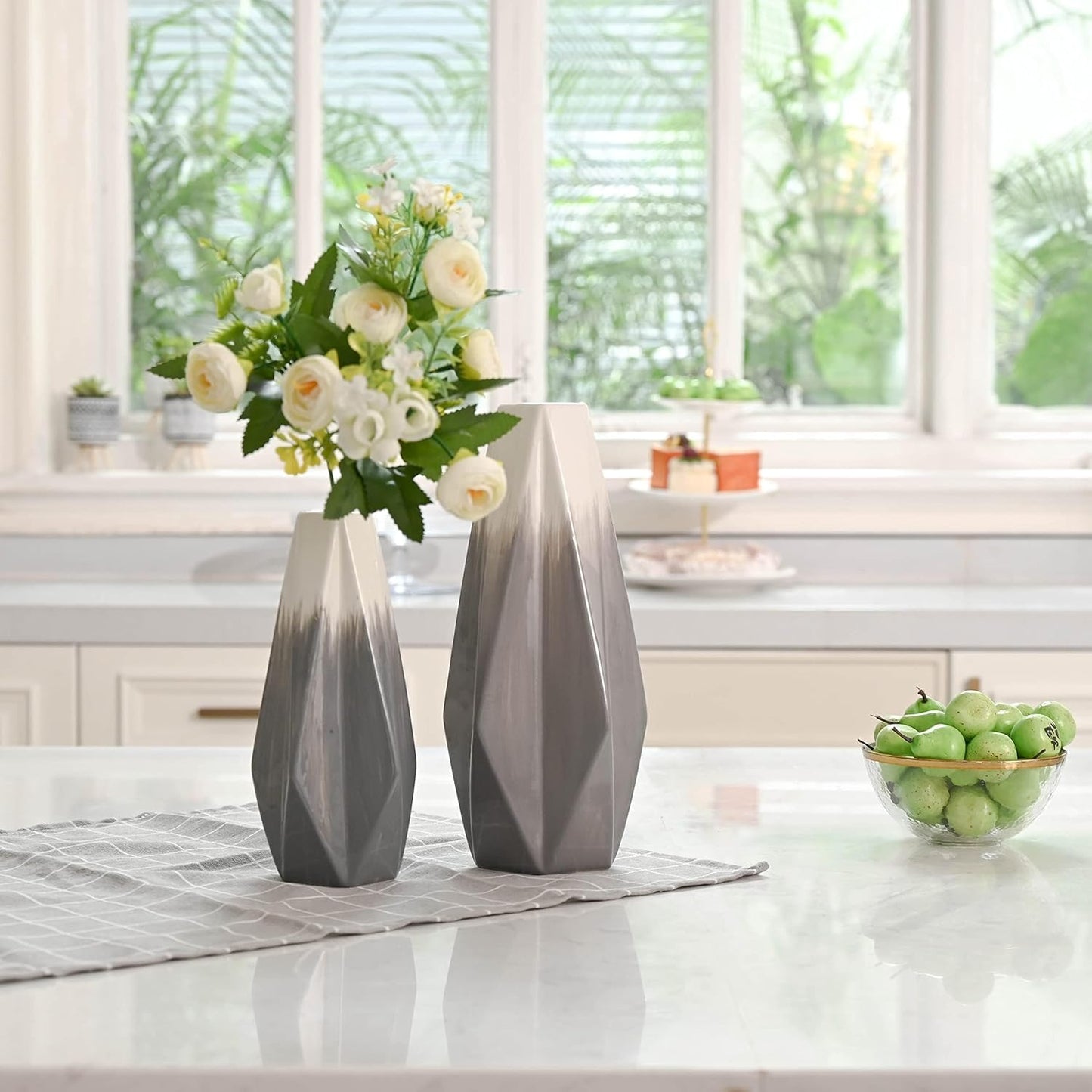 TERESA'S COLLECTIONS Ceramic Flower Vase,Set of 2 Grey and White Modern Geometric Decorative Vases Set for Centerpieces,Kitchen,Office,Wedding or Living Room