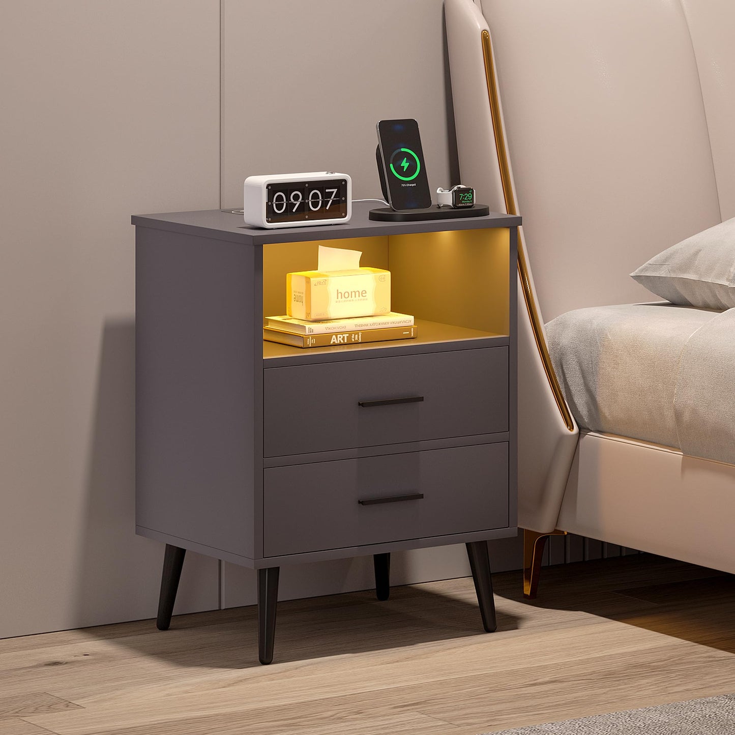 LVSOMT Black Bedside Table with Charging Station and LED Lights, Modern Nightstand with 2 Drawers, Storage Shelf Smart Night Stand for Bedroom Living Room