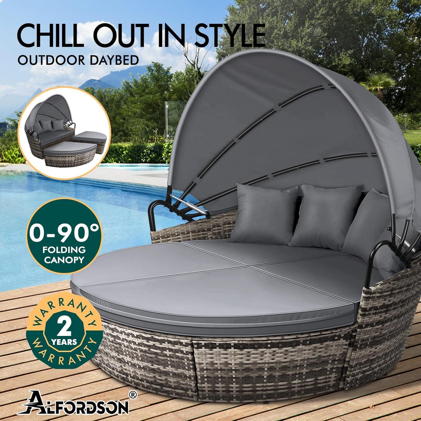 ALFORDSON Sun Bed Sofa 3PCs with Adjustable Canopy, Wicker Outdoor Tanning Lounger with Fabric Seat Cushions & Pillows, Steel Frame Lounge Chair Furniture for Garden Pool Patio Backyard, Black Grey