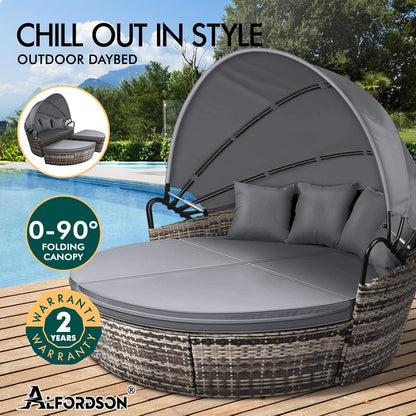 ALFORDSON Sun Bed Sofa 3PCs with Adjustable Canopy, Wicker Outdoor Tanning Lounger with Fabric Seat Cushions & Pillows, Steel Frame Lounge Chair Furniture for Garden Pool Patio Backyard, Black Grey