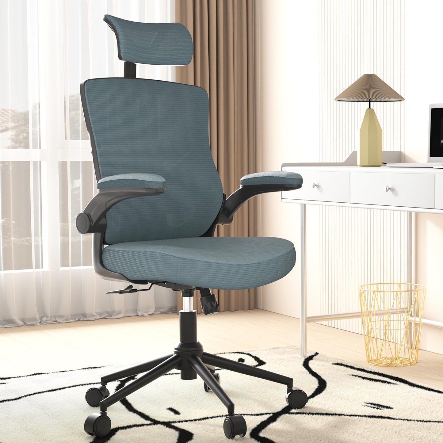 𝑯𝑶𝑴𝑬 𝑶𝑭𝑭𝑰𝑪𝑬 𝑪𝑯𝑨𝑰𝑹, Ergonomic Mesh Desk Chair, High Back Computer Chair- Adjustable Headrest with Flip-Up Arms, Lumbar Support, Swivel Executive Task Chair (Modern, White)