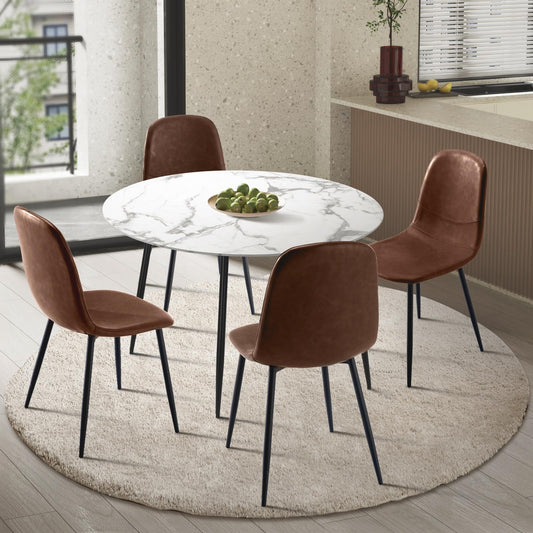 Oikiture Dining Table and Chairs Set with 110cm Round Dining Table and Pu Leather Dining Chair Set of 4 Brown