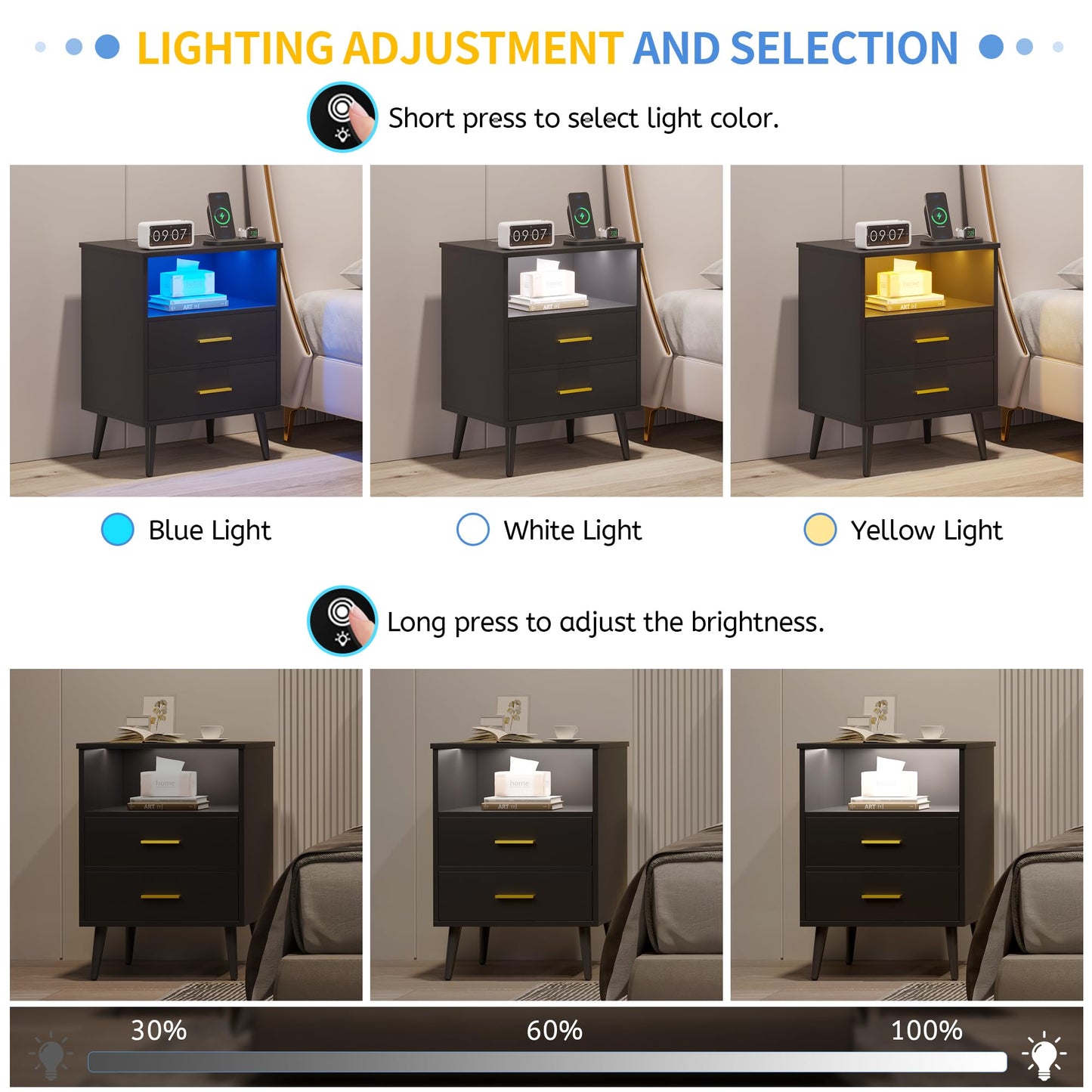 LVSOMT Black Bedside Table with Charging Station and LED Lights, Modern Nightstand with 2 Drawers, Storage Shelf Smart Night Stand for Bedroom Living Room