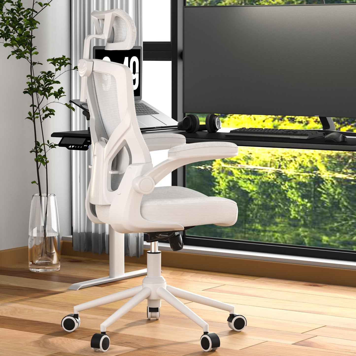 𝑯𝑶𝑴𝑬 𝑶𝑭𝑭𝑰𝑪𝑬 𝑪𝑯𝑨𝑰𝑹, Ergonomic Mesh Desk Chair, High Back Computer Chair- Adjustable Headrest with Flip-Up Arms, Lumbar Support, Swivel Executive Task Chair (Modern, White)