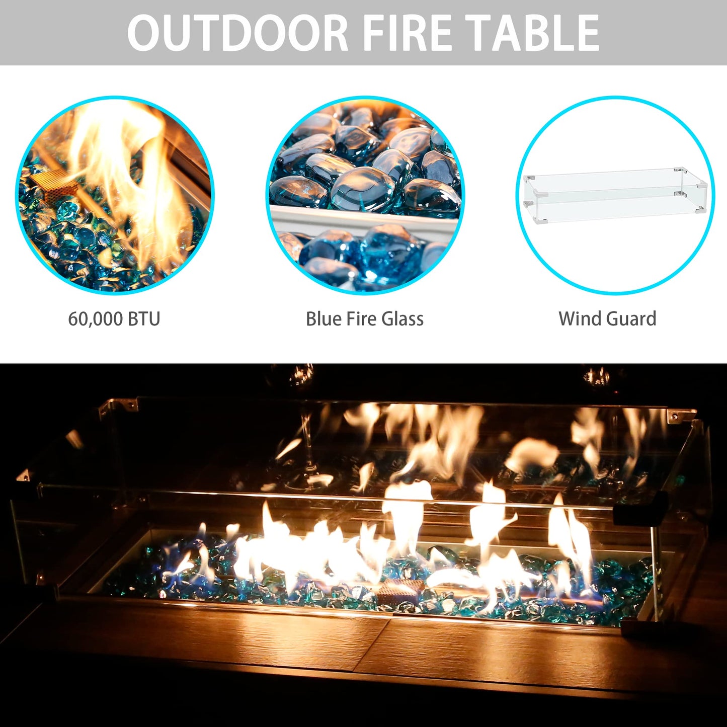 Bali Outdoors Propane Fire Pit Table, 42 inch 60,000 BTU Gas FirePit Table with Glass Wind Guard, Rectangular Fire Pit with Tile Tabletop