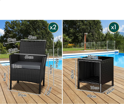 ALFORDSON Outdoor Patio Furniture 3pcs Conversation Set, Wicker 3 Pieces Lounge Chair & Glass Coffee Table Setting, Steel Frame Garden Rattan Sofa with Cushions, Black