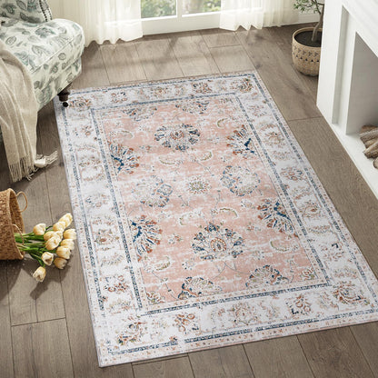 JINCHAN Rug 182x274CM Washable Carpet Boho Living Room Rug Pink Floral Print Large Rug Indoor Soft Distressed Foldable Carpet Thin Rug Bedroom Dining Room Office