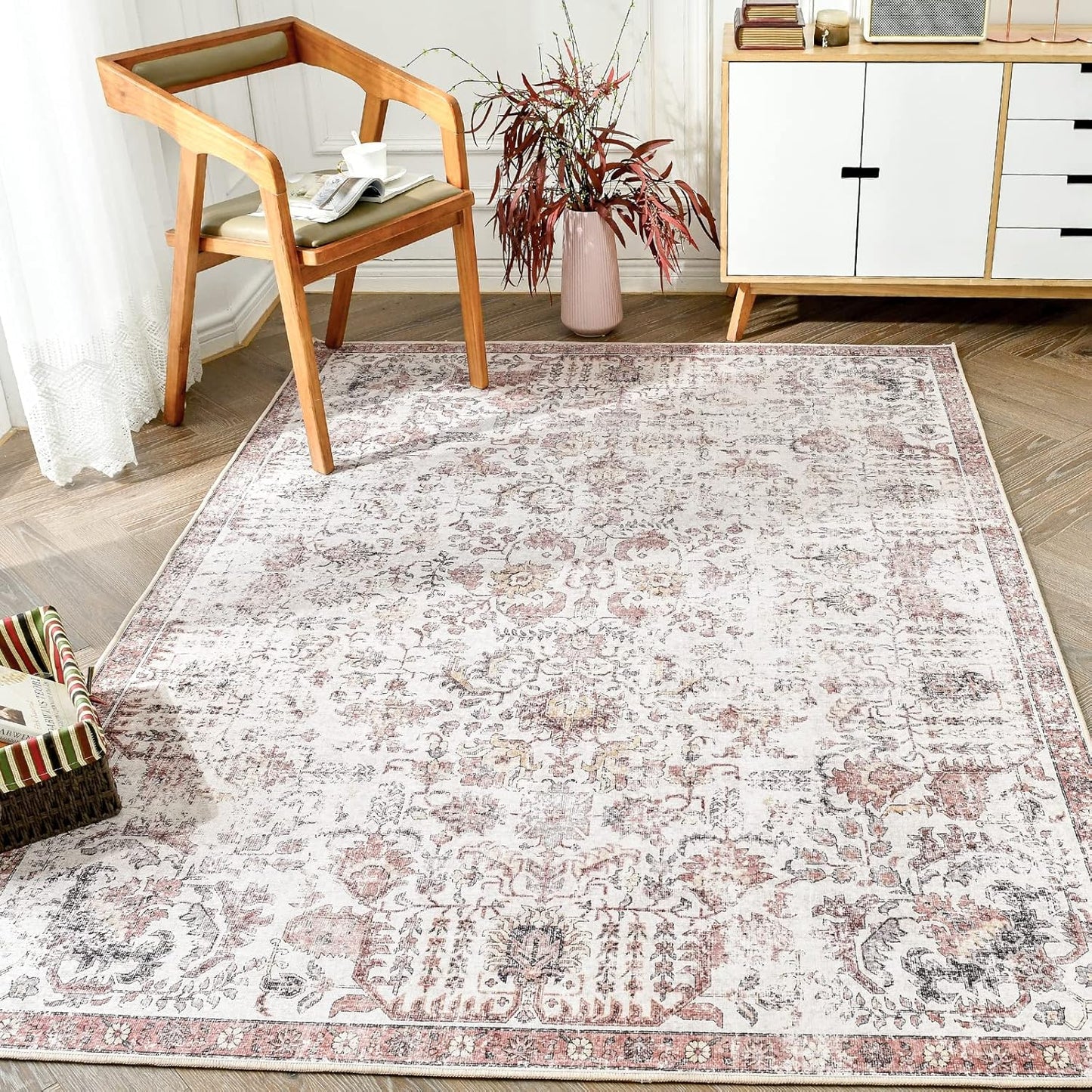 JINCHAN Rug 182x274CM Washable Carpet Boho Living Room Rug Pink Floral Print Large Rug Indoor Soft Distressed Foldable Carpet Thin Rug Bedroom Dining Room Office