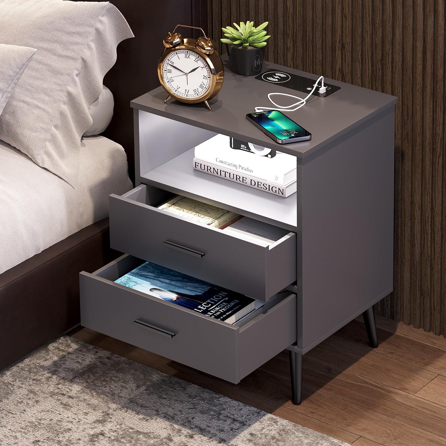 LVSOMT Black Bedside Table with Charging Station and LED Lights, Modern Nightstand with 2 Drawers, Storage Shelf Smart Night Stand for Bedroom Living Room